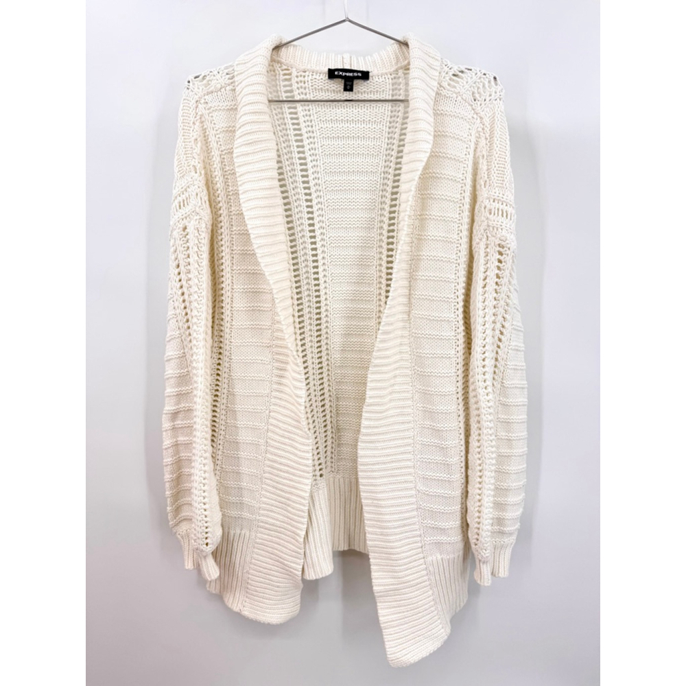 Express Ivory Open Front Long Cardigan Sweater Shawl Mixed Knits Cotton Blend M